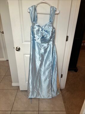 Silver-Blue Satin Formal Dress with Pleated Bodice
